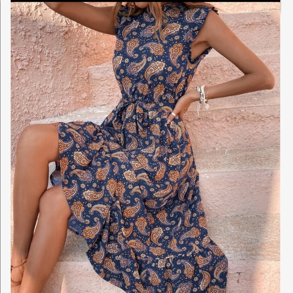 Boho Bohemian Gypsy Paisley Floral Print Belted Maxi Dress - Picture 1 of 6